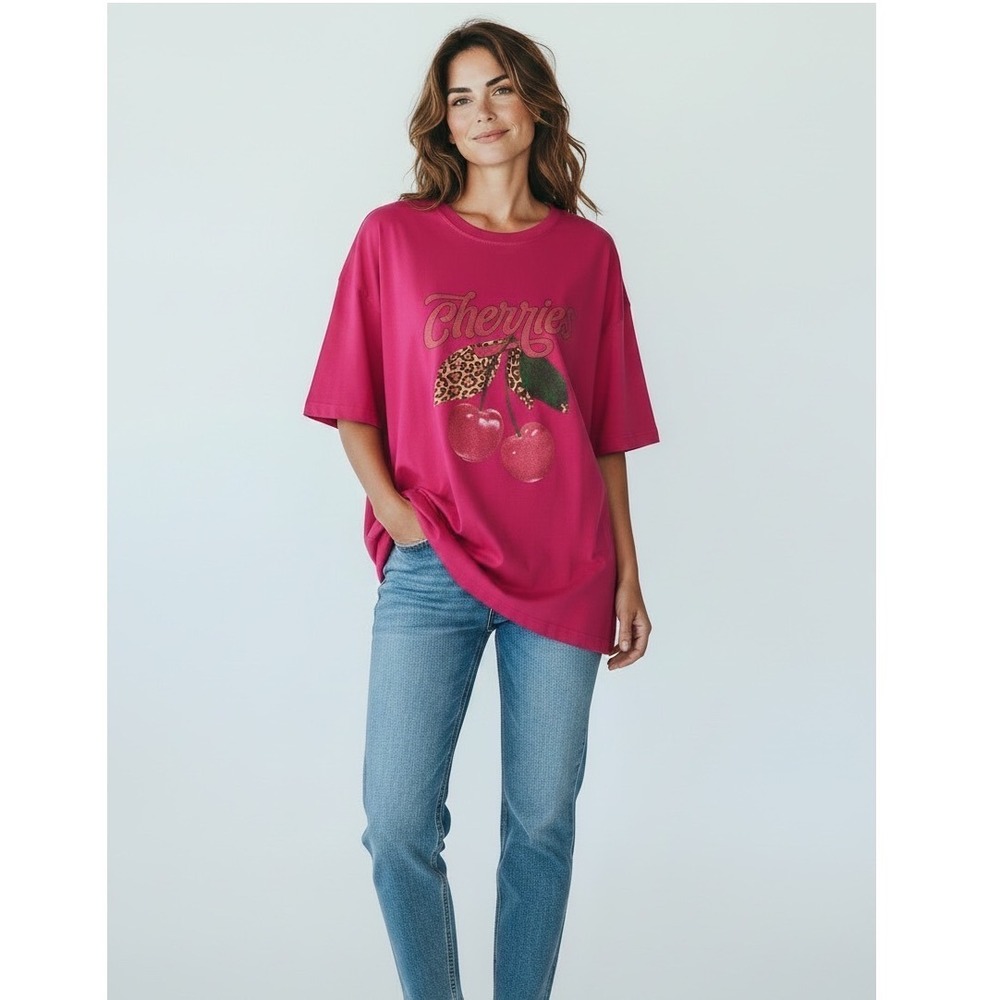 Zutter USA Hot Pink Cherries Leopard Graphic Tee Oversized Cotton T-Shirt M/L‎